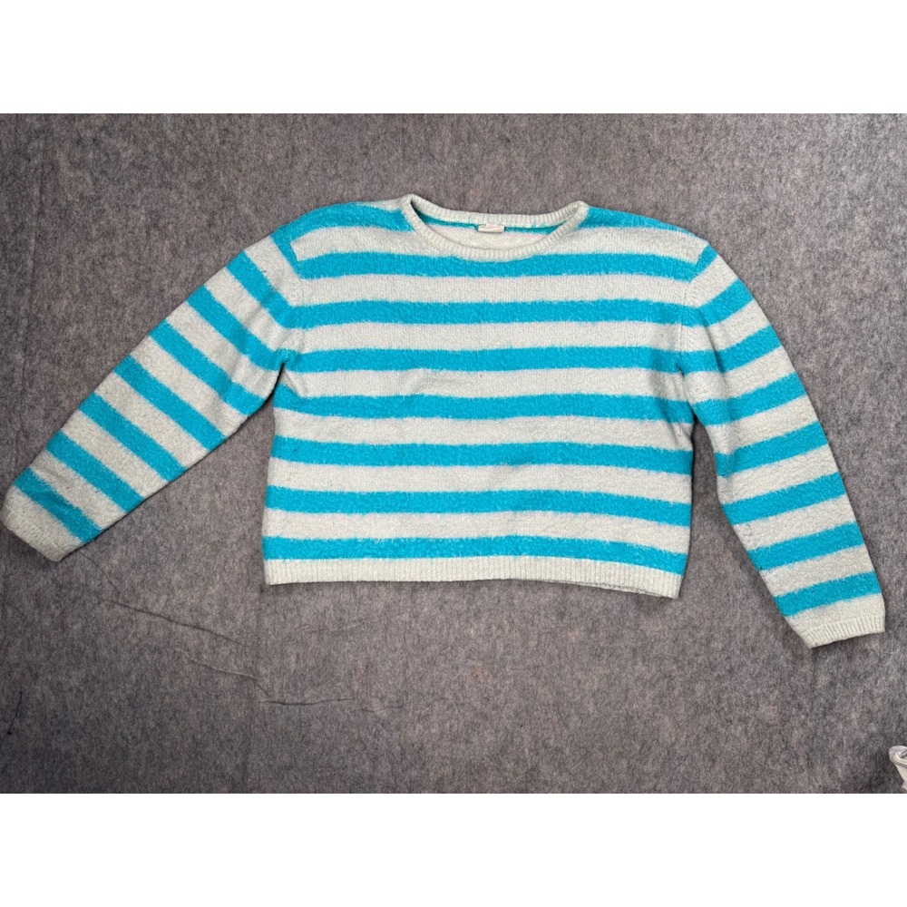 Feather 4 Arrow Striped Sweater Women 12 Blue Gray Fuzzy Knit Coastal Preppy Y2K
